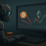 AI trading bot illustration showing machine analyzing crypto charts on a digital screen