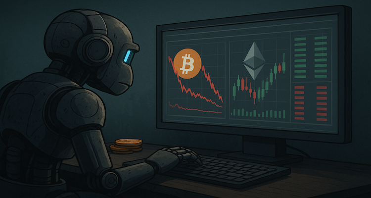 AI trading bot illustration showing machine analyzing crypto charts on a digital screen