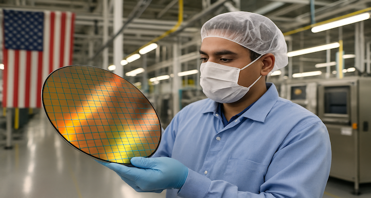 Factory worker examining semiconductor wafer inside U.S. manufacturing facility (AI Generated Image)
