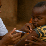 Health worker administering malaria vaccine to a child in sub-Saharan Africa