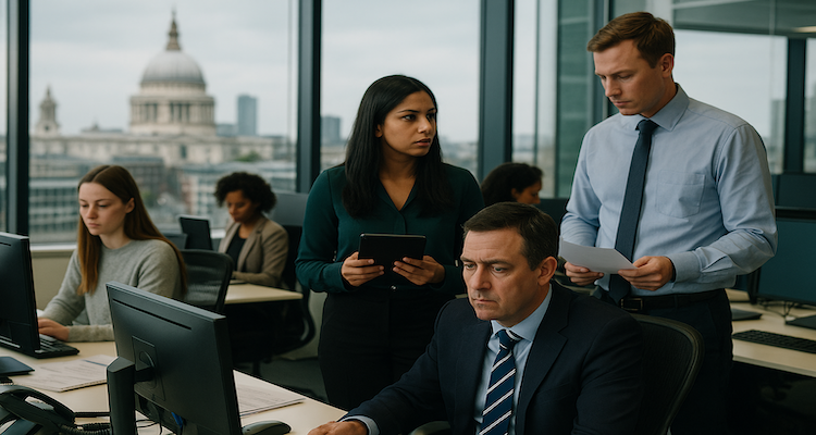 Office workers in London amid digital transformation and AI adoption