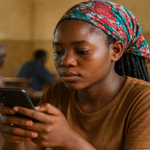 Young African woman learning digital skills on a smartphone