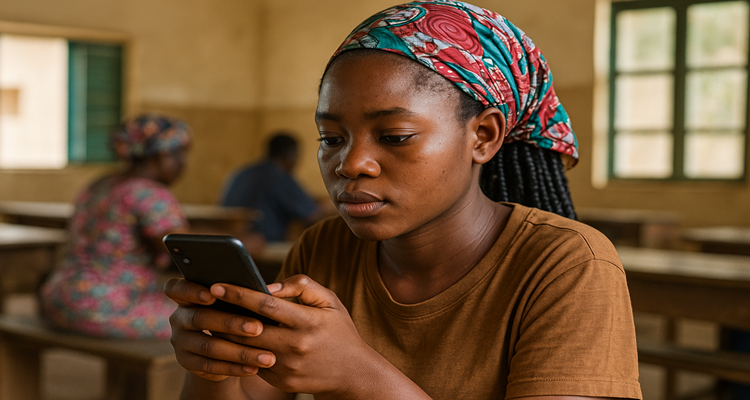 Young African woman learning digital skills on a smartphone