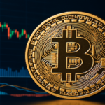 Bitcoin symbol with financial market charts in background