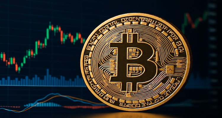 Bitcoin symbol with financial market charts in background