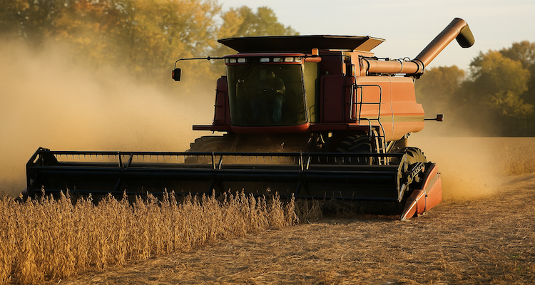 Combine harvester harvesting soybeans