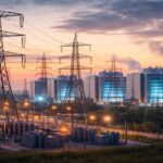 Electricity substation and data centers at dusk