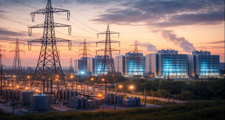 Electricity substation and data centers at dusk