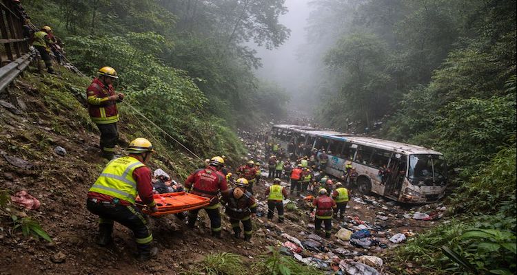 Rescue operations in foggy ravine