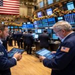 Traders at NYSE amid festive decor