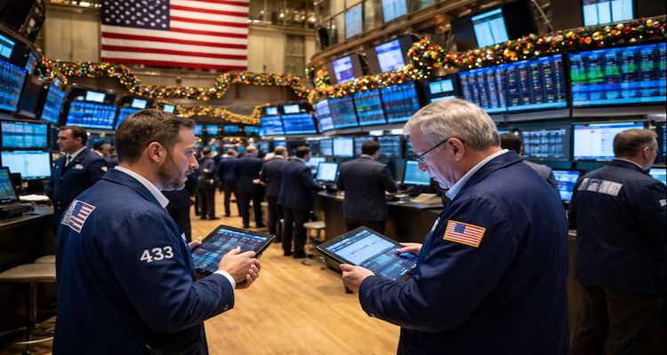 Traders at NYSE amid festive decor