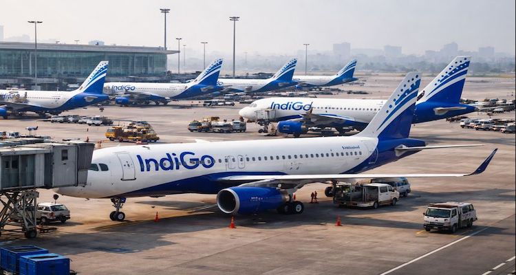 Busy airport with IndiGo aircraft