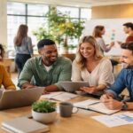 Collaborative workspace in bright office