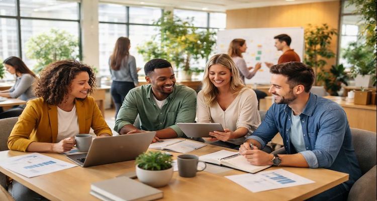 Collaborative workspace in bright office