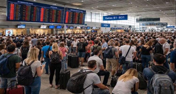 Crowded Athens airport during flight disruptions