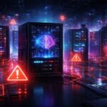 Cyberpunk data centre with warning symbols