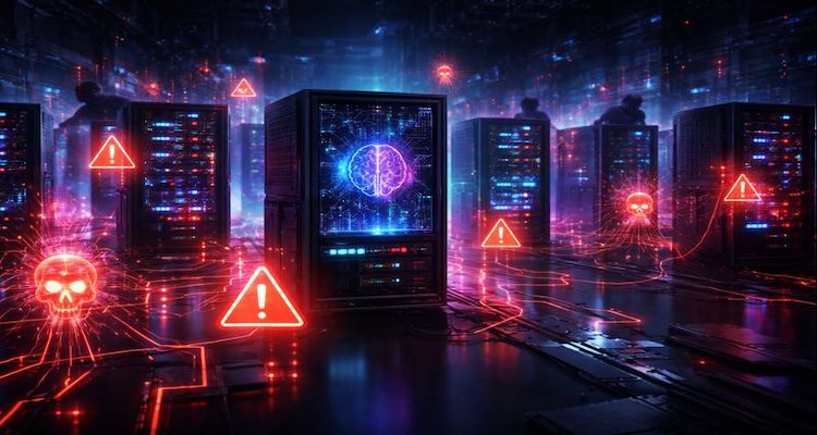 Cyberpunk data centre with warning symbols