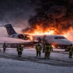 Firefighters battle jet inferno at night