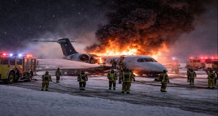 Firefighters battle jet inferno at night