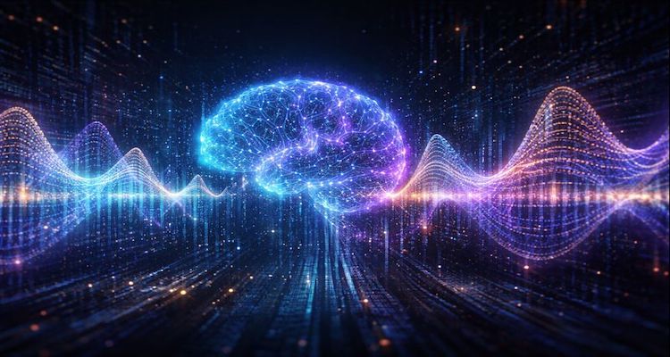 Glowing digital brain and flowing data