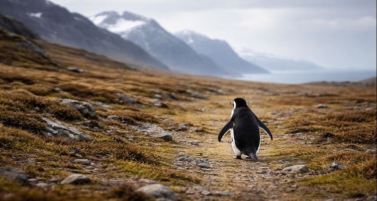 Lone penguin on rugged terrain