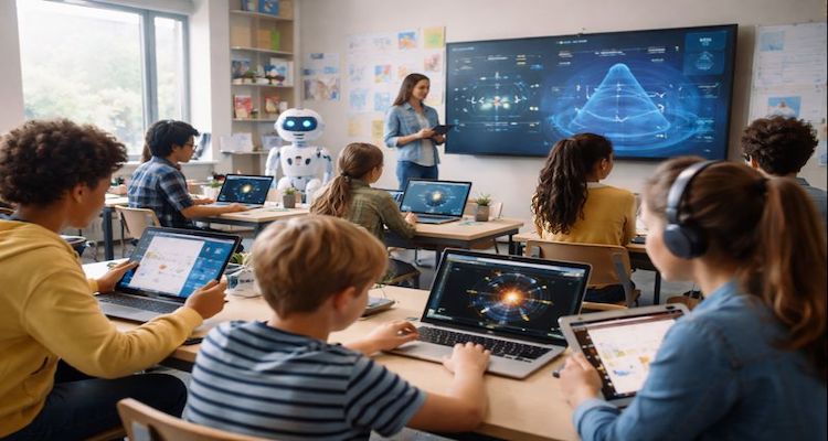 Modern classroom with AI learning tools