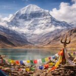 Mount Kailash and prayer flags at dawn