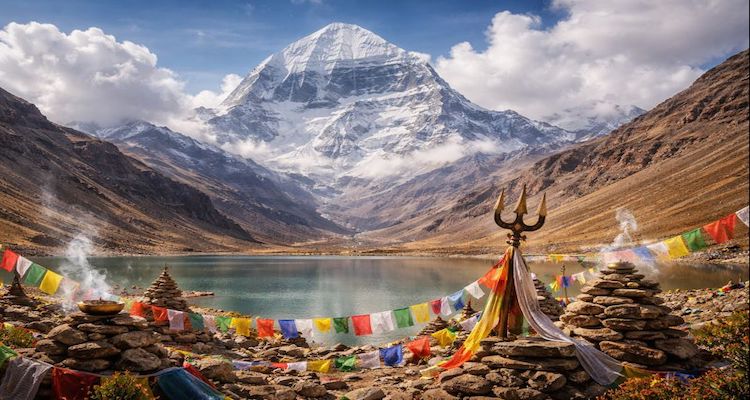 Mount Kailash and prayer flags at dawn