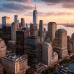 New York City's financial district at sunset