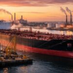 Oil tanker at sunset in port
