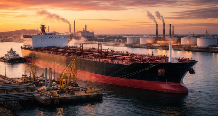 Oil tanker at sunset in port