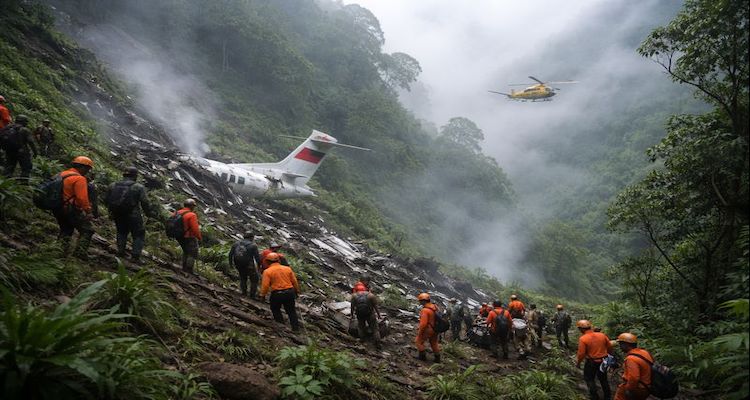 Rescue operation in foggy jungle after crash