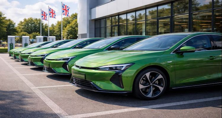 Sleek electric cars outside UK dealership