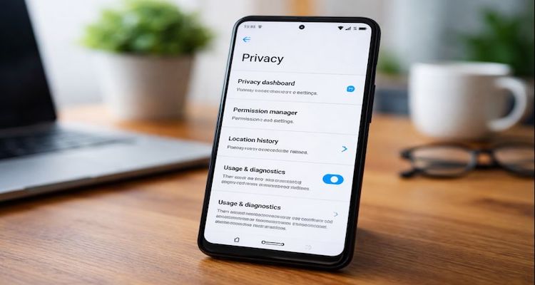 Smartphone with privacy settings on desk
