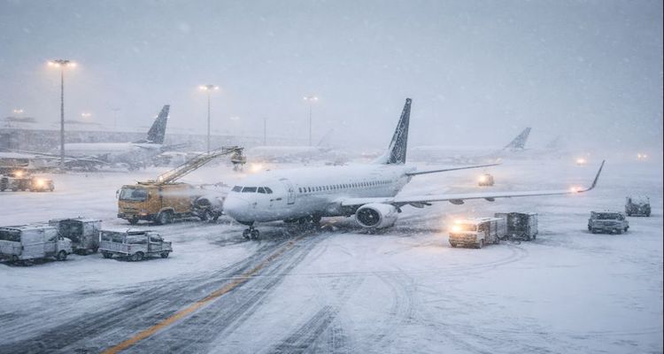 Snowstorm at the airport tarmac