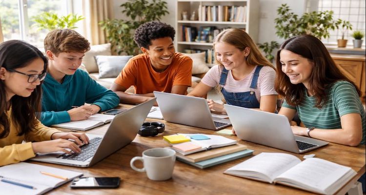 Teenagers studying together in daylight