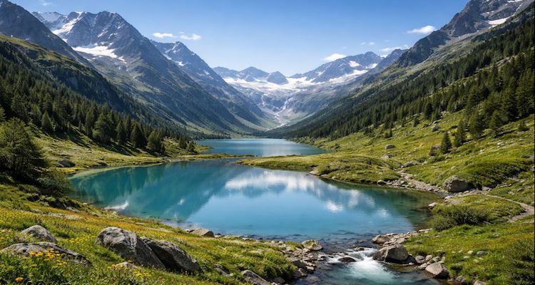 Alpine valley with turquoise lakes