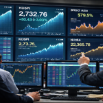Busy trading floor with market data
