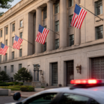 Department of Justice building at dusk