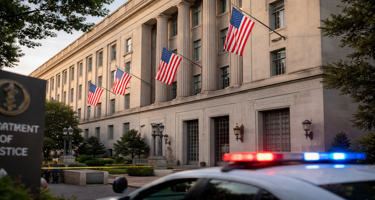 Department of Justice building at dusk