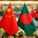 Diplomatic meeting with flags on display