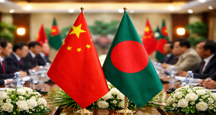 Diplomatic meeting with flags on display