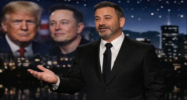 Jimmy Kimmel on stage with cityscape