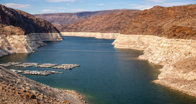 Lake Mead's low water levels at sunset
