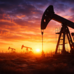 Oil pumpjack at sunset sky