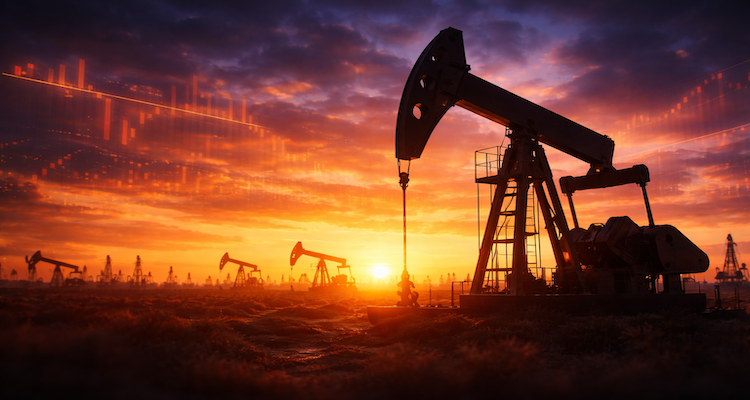 Oil pumpjack at sunset sky