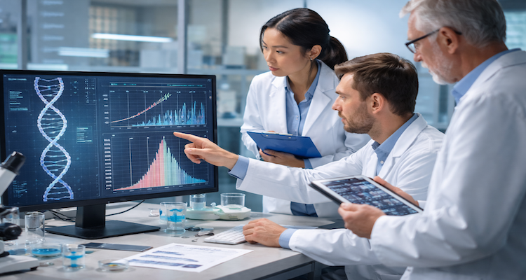 Scientists analysing genetic data in lab