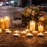 Snowy memorial with candles and flowers