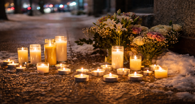 Snowy memorial with candles and flowers