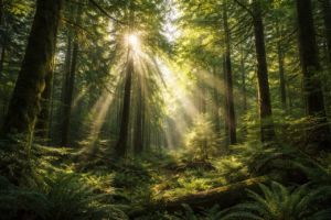 Sunlight filtering through a dense forest canopy illustrating interconnected tree ecosystems